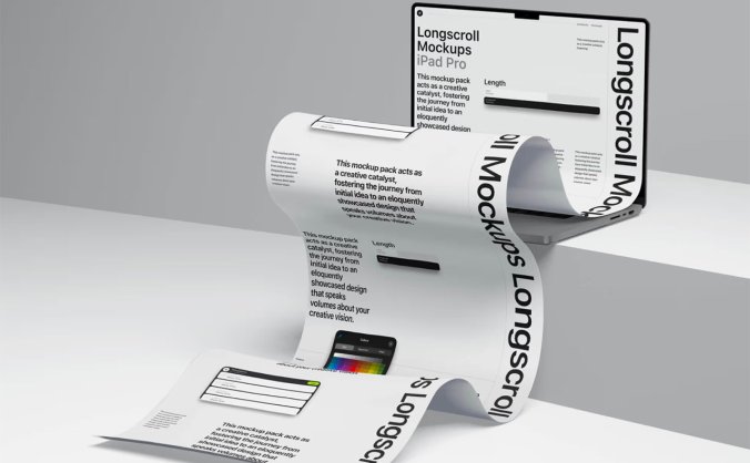 超豪华MacBook Pro长卷轴创意广告设计展示PSD样机素材包