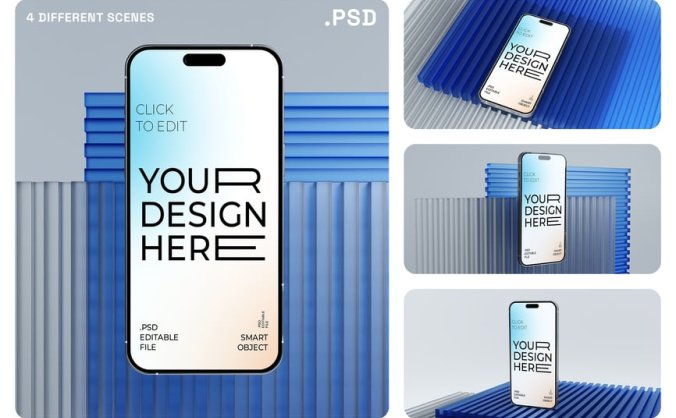 蓝色iPhone 16手机PSD样机素材包