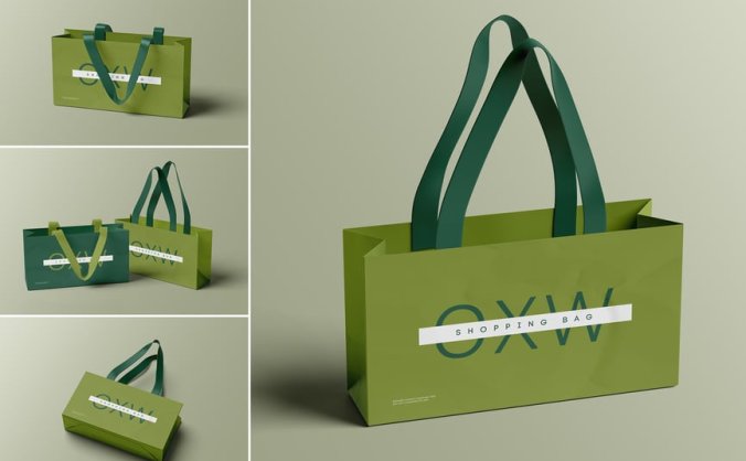 4个绿色购物袋PSD样机素材包