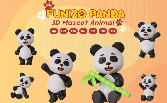 熊猫吉祥物动物3D卡通模型素材包