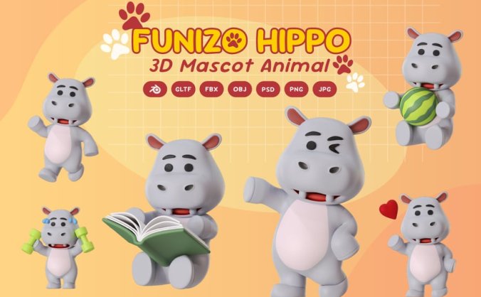 河马吉祥物动物3D卡通模型