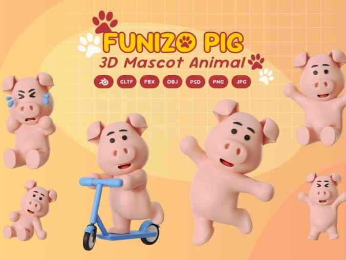 猪吉祥物动物3D卡通模型