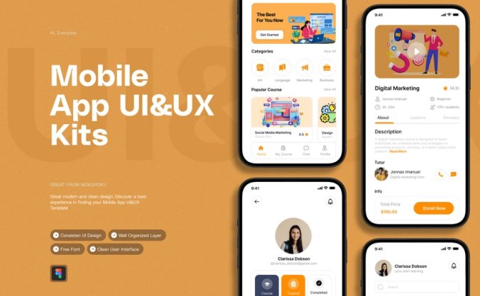 一套黄色主色调学习应用APP UI界面素材包