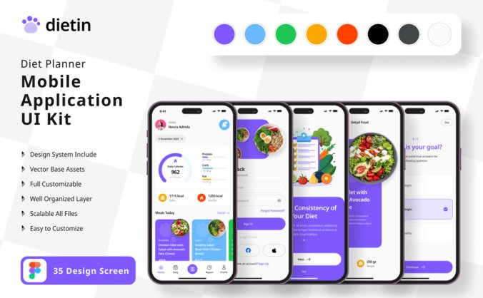 色彩缤纷的饮食计划移动APP UI界面素材包
