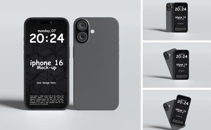 4个不同角度的iPhone 16手机PSD样机素材包