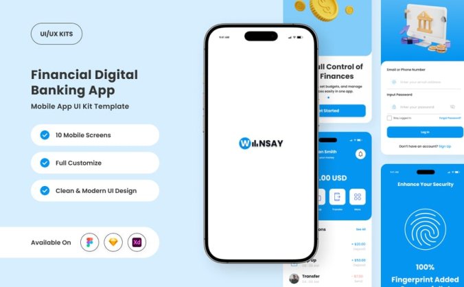 蓝色现代数字银行业务APP UI KIT素材包