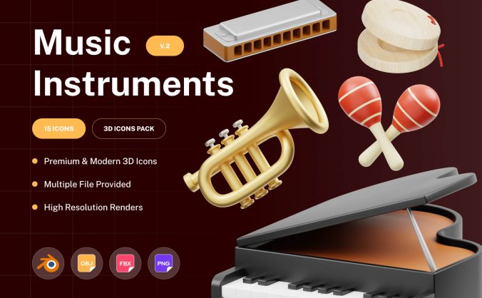 15个现成的乐器主题3D图标模型素材包