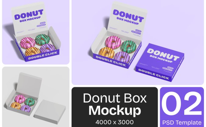 紫色甜甜圈盒PSD样机素材包