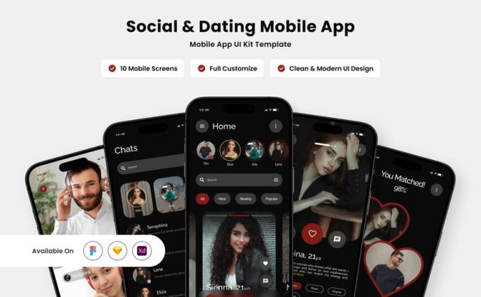 黑色现代约会应用APP主题UI界面素材包