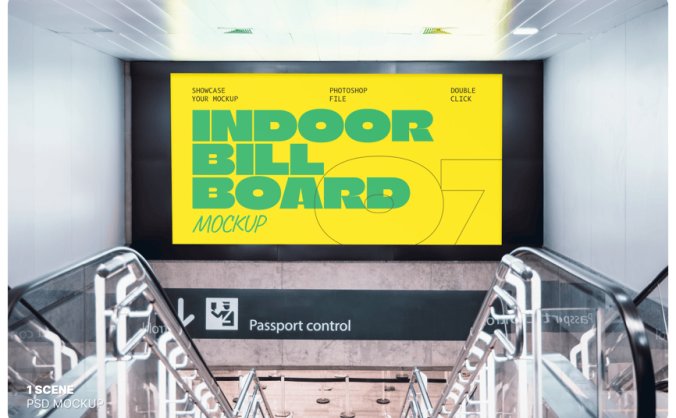 真实场景自动扶梯广告牌PSD样机素材包