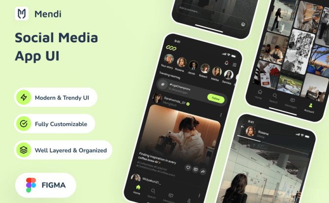 黑绿色酷炫社交媒体应用APP UI KIT素材包