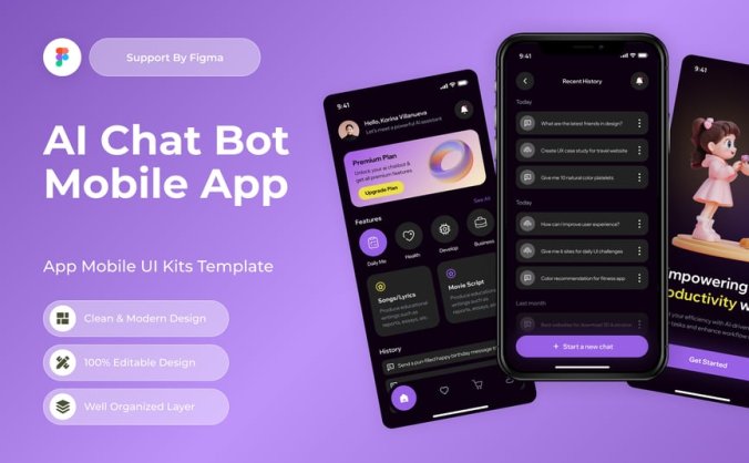 黑色AI聊天机器人移动应用APP UI KIT素材包