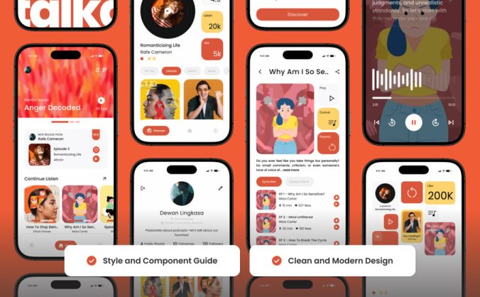 鲜艳饱和度高的橙色播客应用APP UI KIT素材包