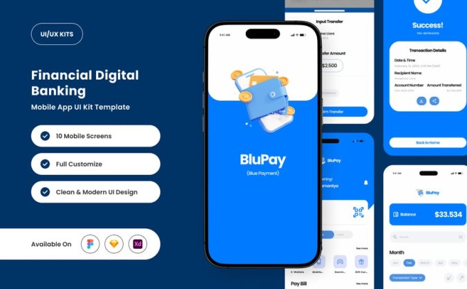 蓝色银行和付款主题APP UI KIT素材包