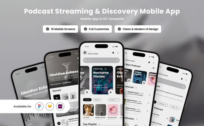 黑色干净优雅的播客APP UI KIT素材包