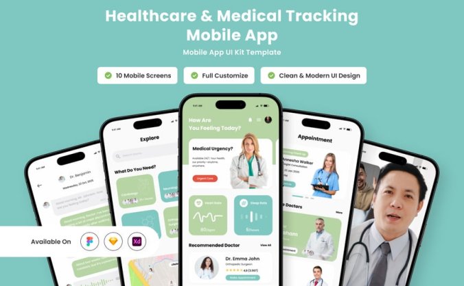 绿色医疗保健和医疗跟踪移动应用APP UI KIT