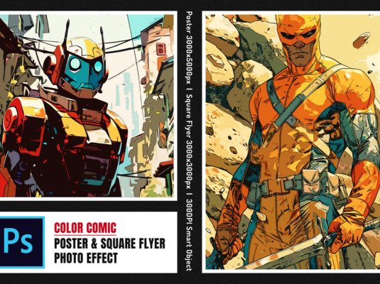 一键生成彩色漫画广场和海报照片效果PSD样式