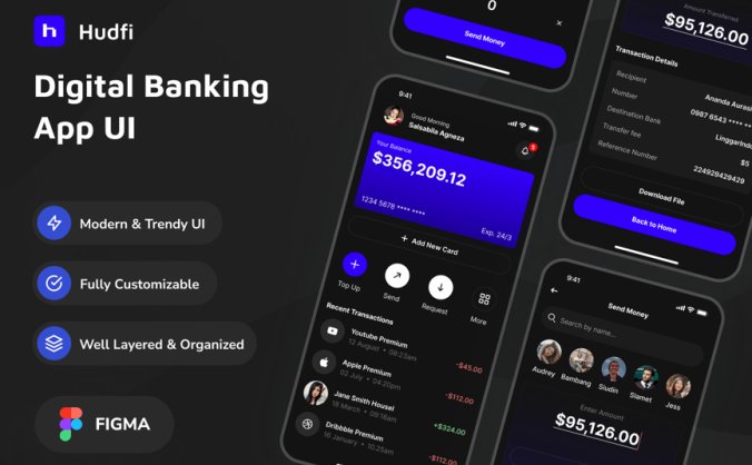 黑色简洁数字银行应用APP UI KIT素材包