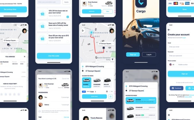 30个蓝色共享汽车移动应用APP UI KIT素材包