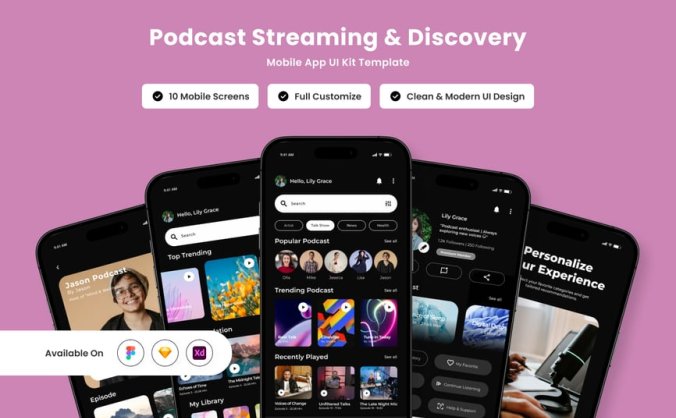 黑色现代播客应用APP UI KIT素材包