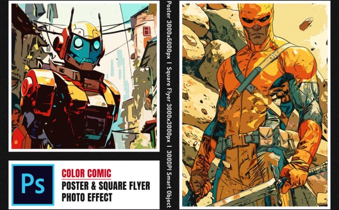 一键生成彩色漫画广场和海报照片效果PSD样式