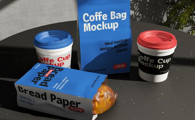 漂亮高级的蓝红经典配色咖啡杯品牌模型PSD样机素材