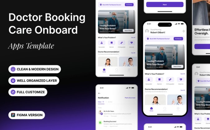 紫色医生医疗预订护理移动应用APP UI KIT素材包