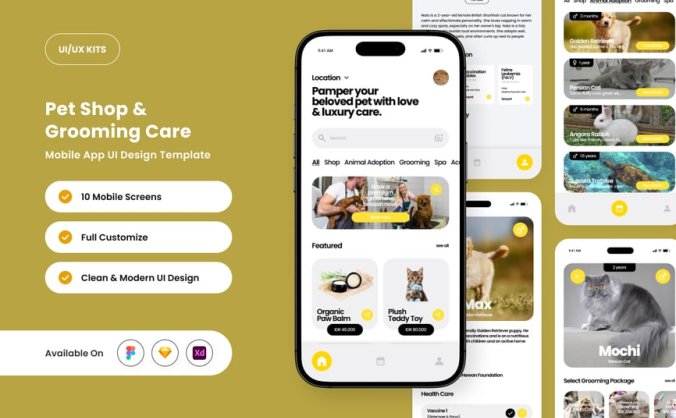 明亮的黄色宠物美容应用APP UI KIT素材包