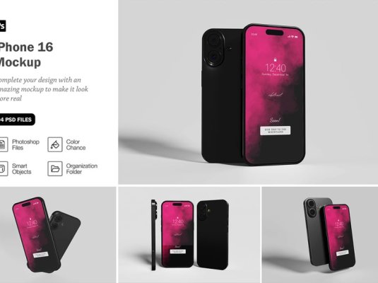4个漂亮华丽的iPhone 16模型PSD样机素材包
