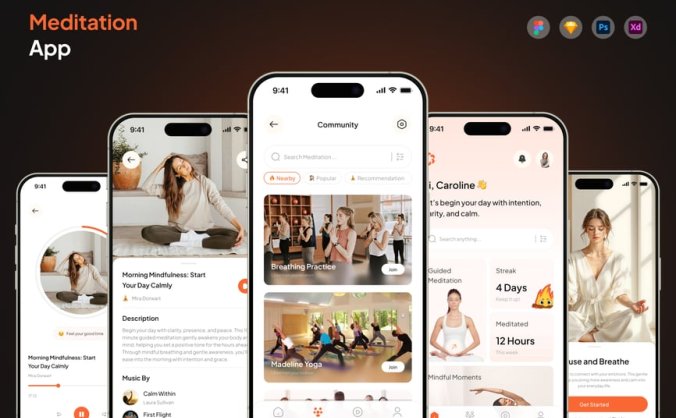 漂亮的橙色瑜伽冥想主题应用APP UI KIT素材包