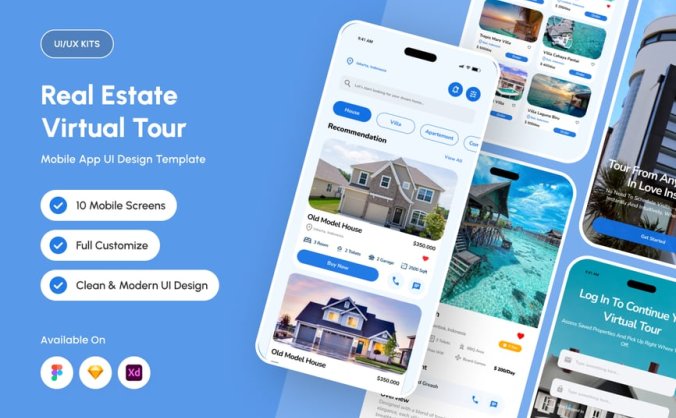漂亮的蓝色房地产主题APP UI KIT素材包