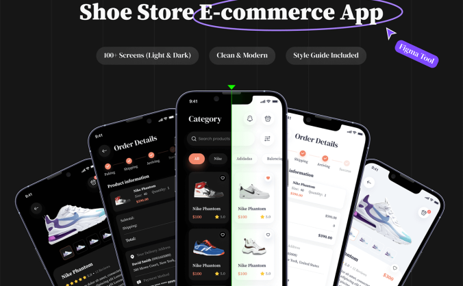 100个设计极简的卖鞋电商主题UI素材包，明暗双模，效率飙升！