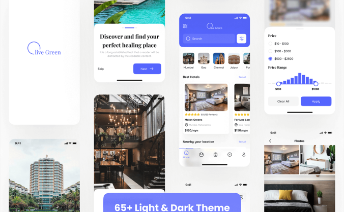 65个Figma专属酒店预订体验UI素材（亮/暗双主题）