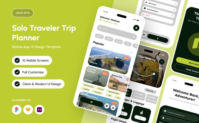 绿色风格个人旅行应用APP UI KIT素材包