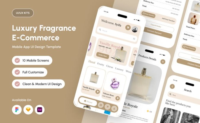 金色香水奢侈品电商主题APP UI KIT素材包