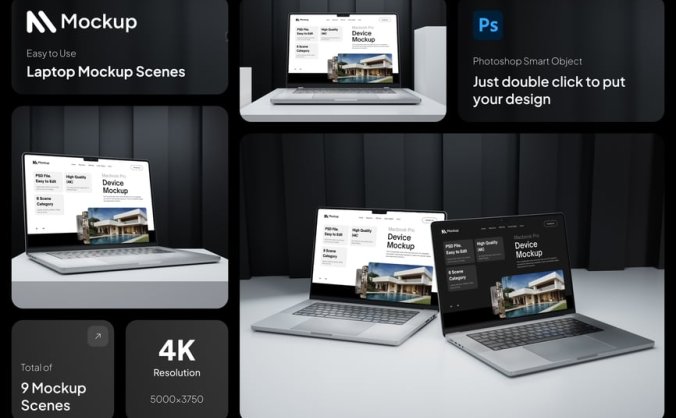 9个暗黑高级MacBook模型PSD样机素材包