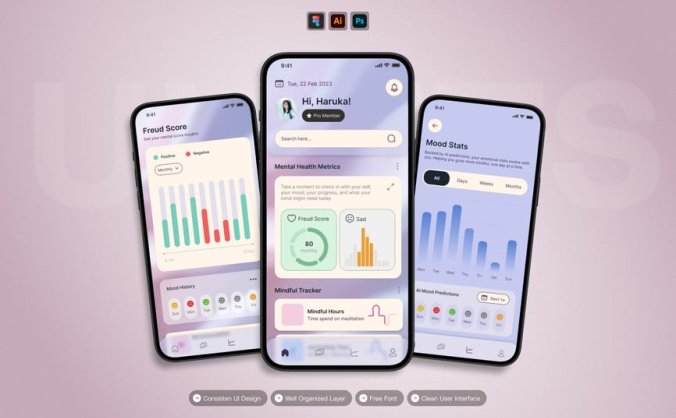 心理健康追踪器 – 移动应用程序 UI 套件
