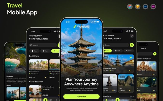 黑色旅行旅游主题APP UI KIT素材包