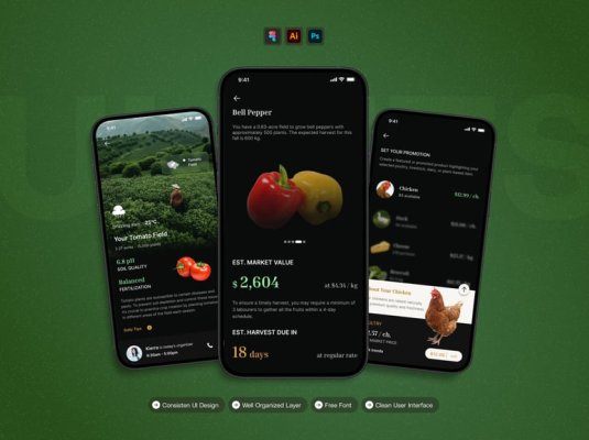 漂亮的黑色农场管理主题移动应用APP UI界面素材包