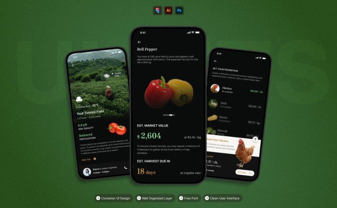 漂亮的黑色农场管理主题移动应用APP UI界面素材包