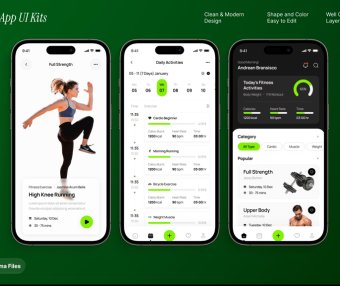 黑绿色搭配健身应用移动APP UI界面素材包