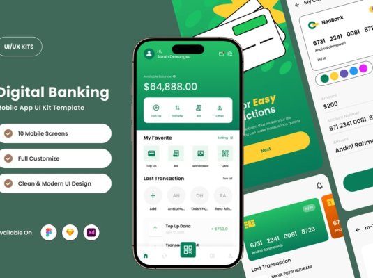 一套绿色新一代数字银行应用程序APP UI界面素材包