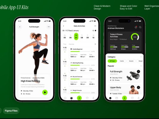 黑绿色搭配健身应用移动APP UI界面素材包