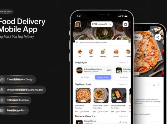 漂亮的黑色食品配送移动应用 UI 设计套件