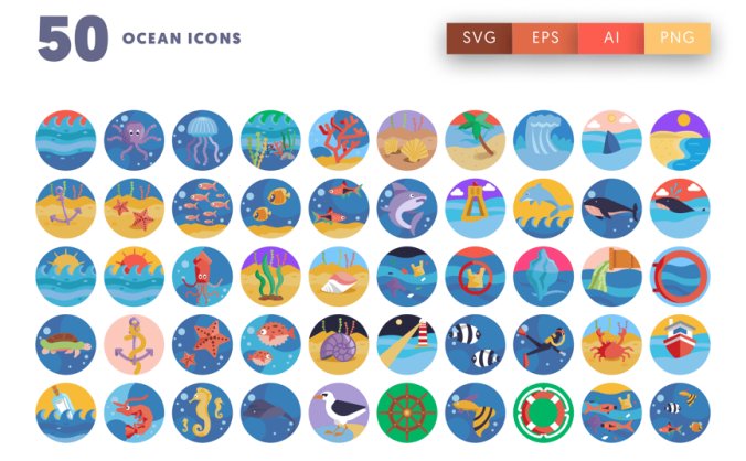 50个漂亮的矢量海洋图标素材包
