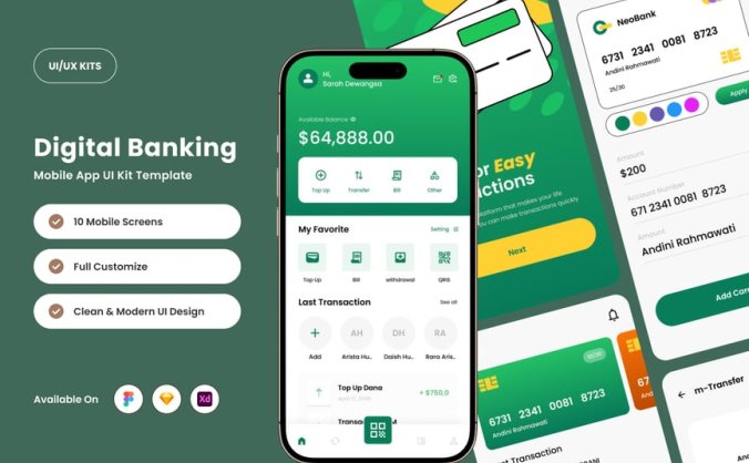 一套绿色新一代数字银行应用程序APP UI界面素材包