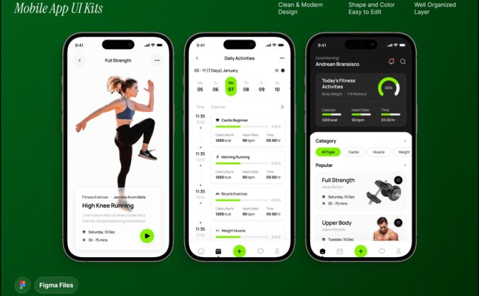 黑绿色搭配健身应用移动APP UI界面素材包