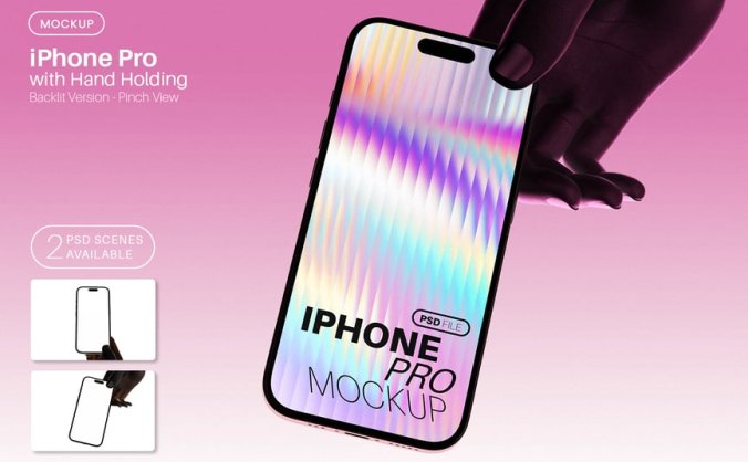 漂亮绚丽的iPhone Pro 屏幕样机PSD素材包（带手部背光）