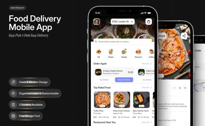 漂亮的黑色食品配送移动应用 UI 设计套件
