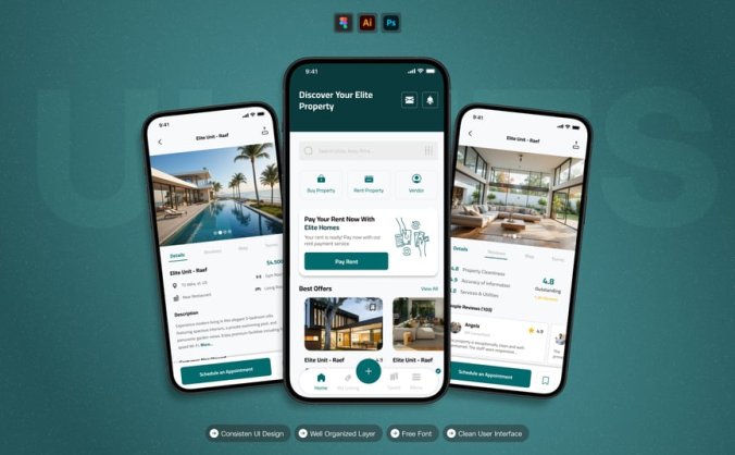漂亮的绿色房地产主题APP UI界面素材包